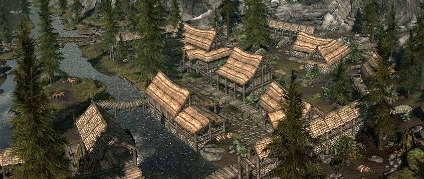 Skyrim Panorama Riverwood first ini hacking shadows and trees